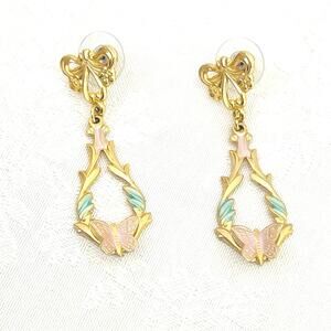 Earrings Vtg Y2K Bow Butterfly Flower Enamel Dangle Filigree Openwork Gilded